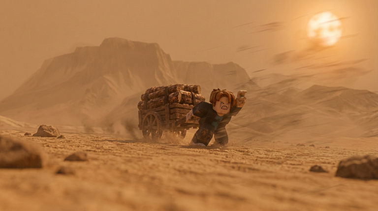 Official Survive 7 Days In Desert artwork showing a Roblox character hauling a wooden cart across the hot desert